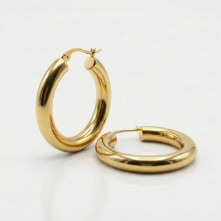 Gold hoop earrings on a light gray background