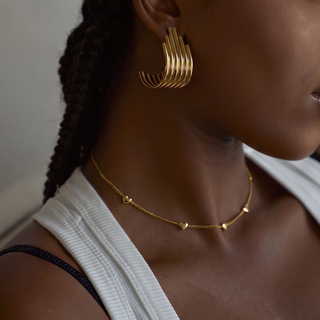 Romy Heart Station Necklace worn on model, close-up on pendant stations